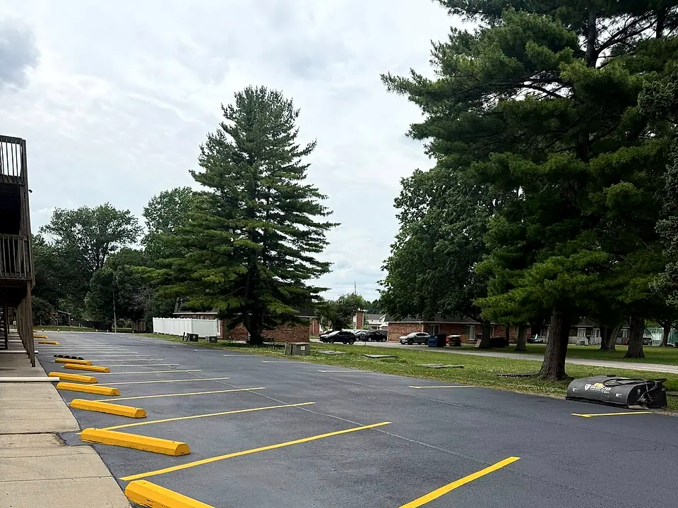 Row of crisp new yellow speed bumps and stall lines on a freshly sealed lot