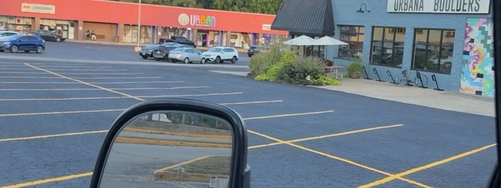 A freshly sealed and striped commercial lot in Urbana, Illinois